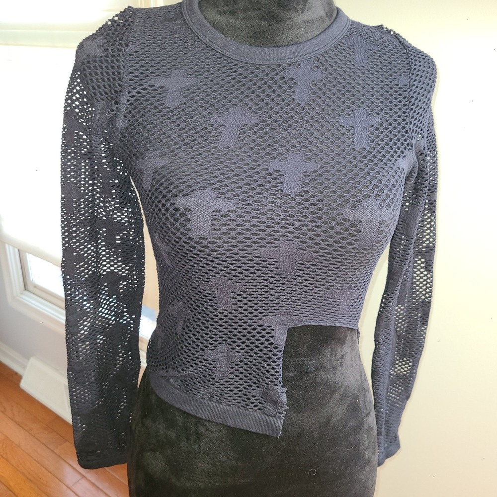 FCT  Black Mesh Long Sleeve Top, Small Crosses Cut out at Side Waist